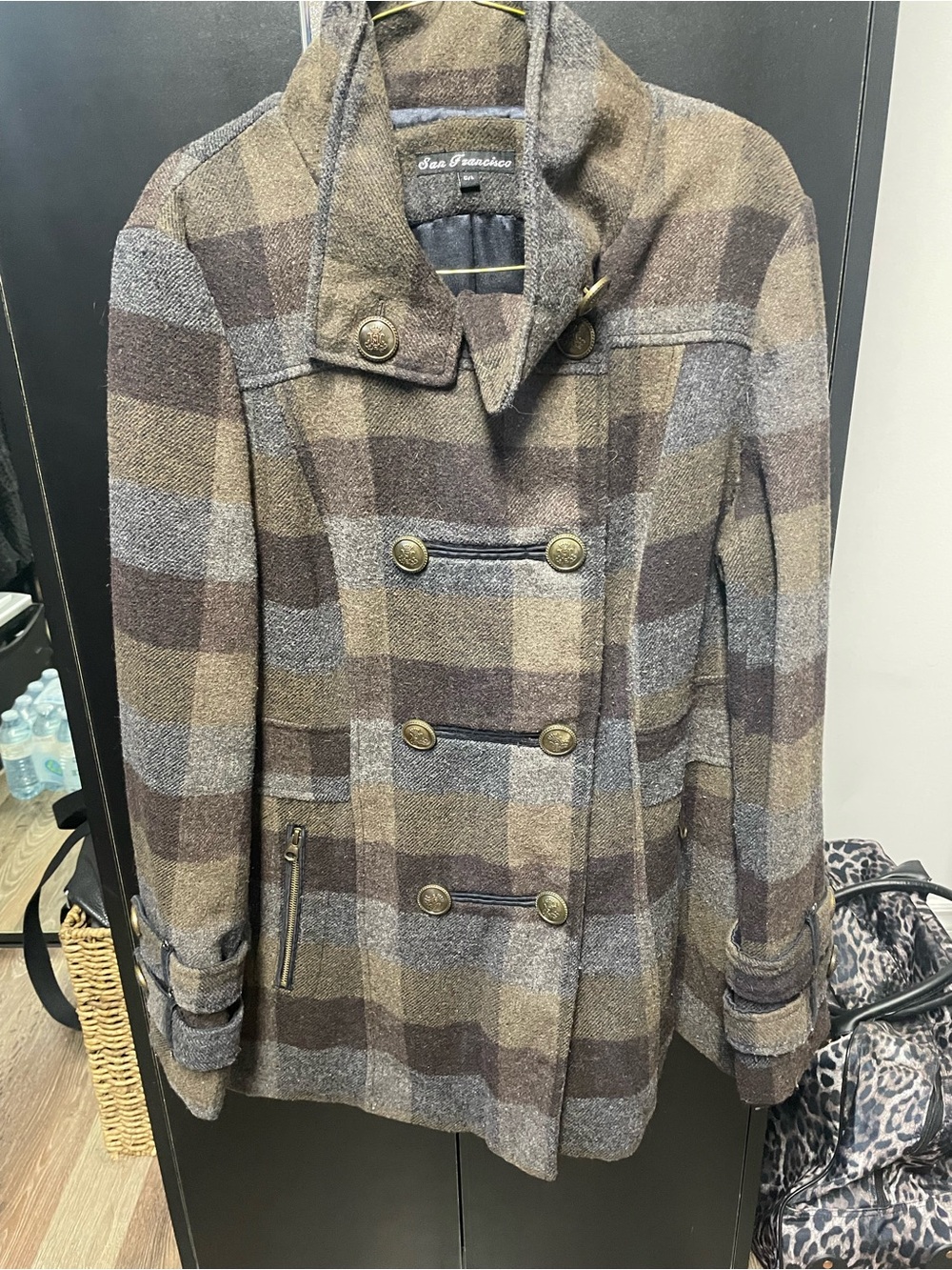 Premier Double-Breasted Plaid Wool Pea Coat - Brown Gray